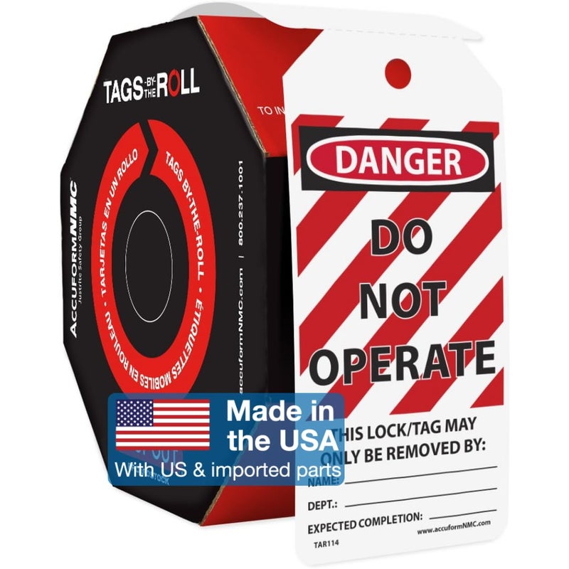 AccuformNMC 100 Lockout Tags by-The-Roll, Danger Do Not Operate, US Made OSHA Compliant Tags, Waterproof PF-Cardstock, Resists Tears, 6.25"x3", TAR114 - Image 1